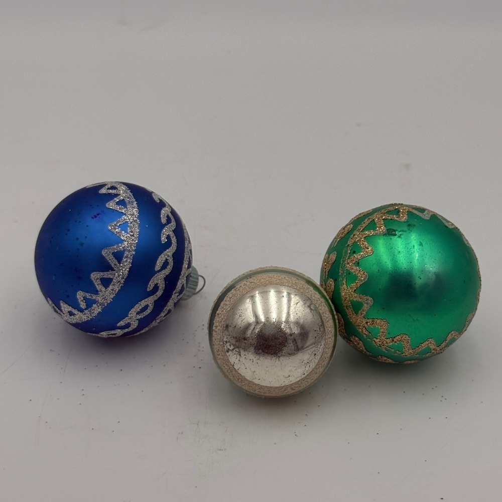 Vintage Shiny Brite Glass Christmas Ornaments Set 3 Blue Green Mica Made in USA